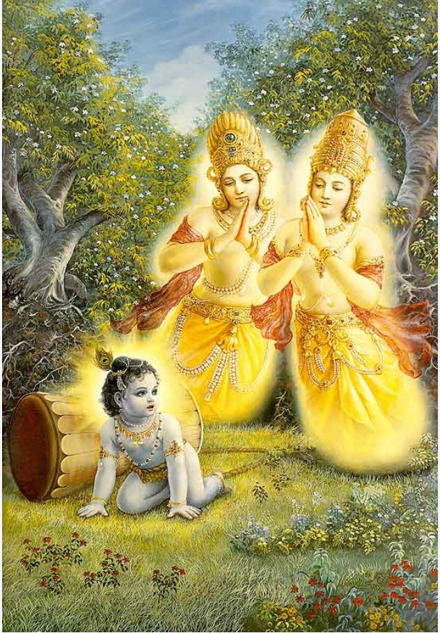Young Krishna liberates Nalakuvara and Manigriva from their forms as twin trees