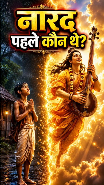 Devotional illustration of young Narada and his later life as Narada Muni